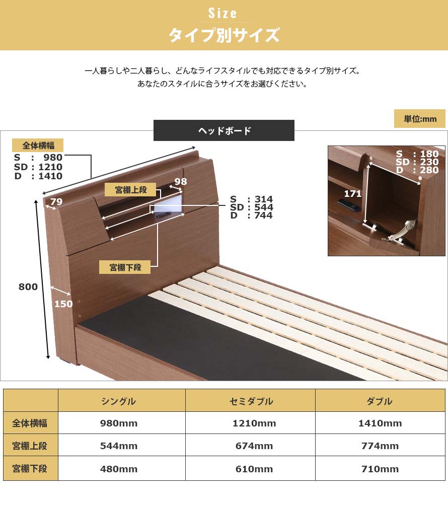 Dimensions of the Feliz bed with measures in mm. Single, Semi-double and double bed sizes measurements.