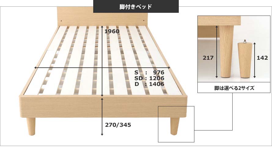 The cross-sectional bed measurements and solid wood leg height.